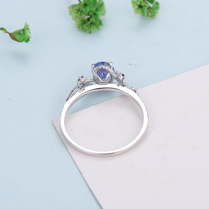 Elegant Blue Tanzanite Ring Vintage Unique Twig Engagement Ring Leaf Cluster Wedding Ring Women Nature inspired Branch Ring Proposal Gift - PENFINE