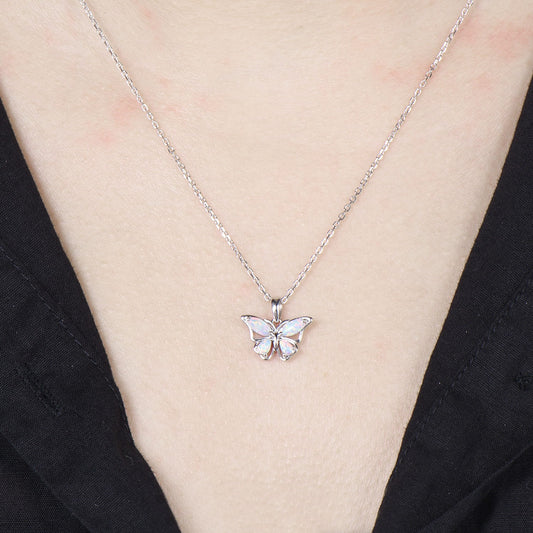 Elegant Marquise Pear White Opal Butterfly Pendant Necklace Fairy Wings