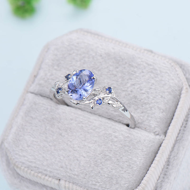 Elegant Blue Tanzanite Ring Vintage Unique Twig Engagement Ring Leaf Cluster Wedding Ring Women Nature inspired Branch Ring Proposal Gift - PENFINE