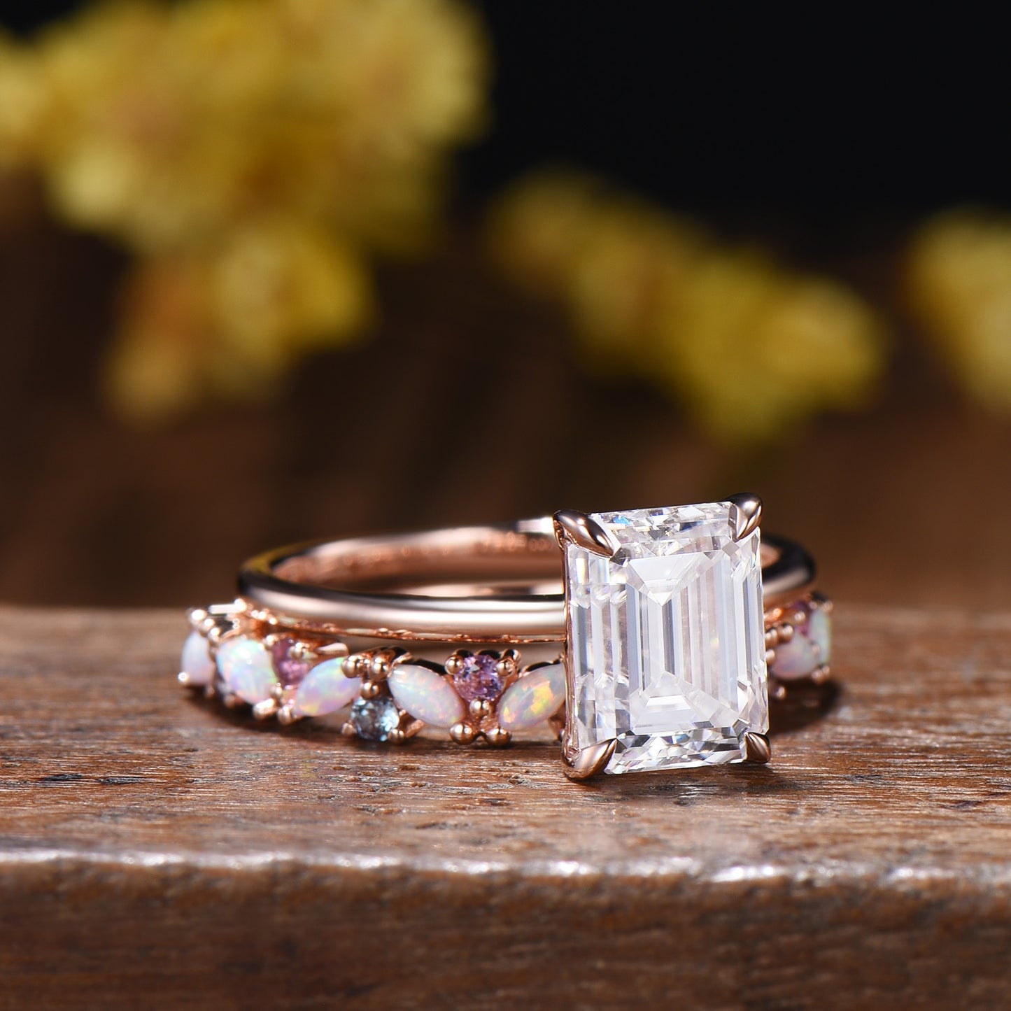 Emerald Cut Moissanite Engagement Ring | 14K Rose Gold Bridal Set, Opal Wedding Band