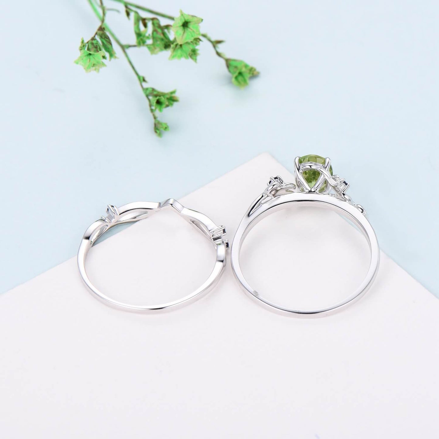 Vintage peridot sapphire wedding ring set Leaf twig engagement ring set Natural Inspired rose gold bridal set for women Branch promise ring - PENFINE