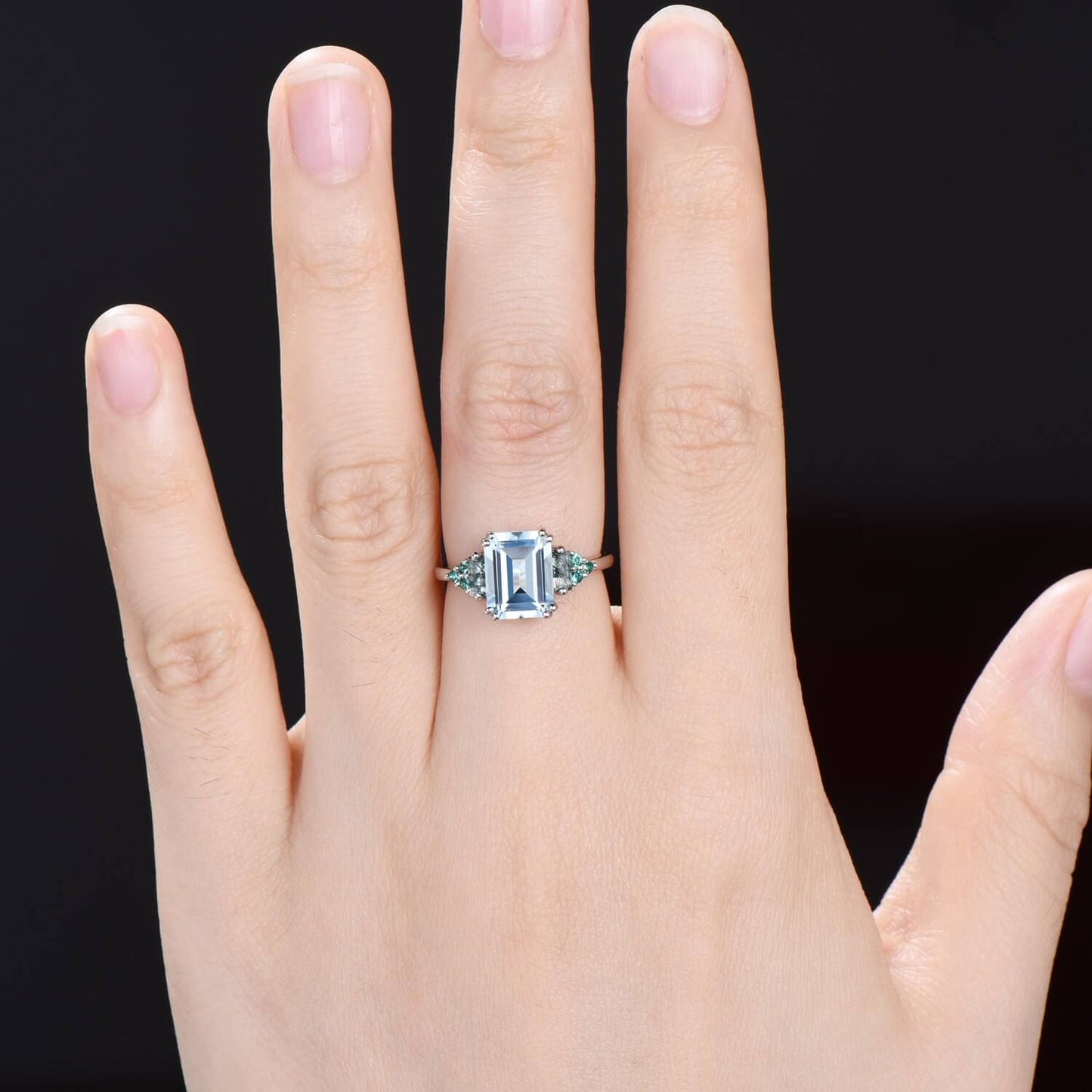 Vintage Emerald Cut Aquamarine Ring 8 Prongs Cluster Baguette Moss Agate Engagement Ring Unique March Birthstone Wedding Ring for Women - PENFINE