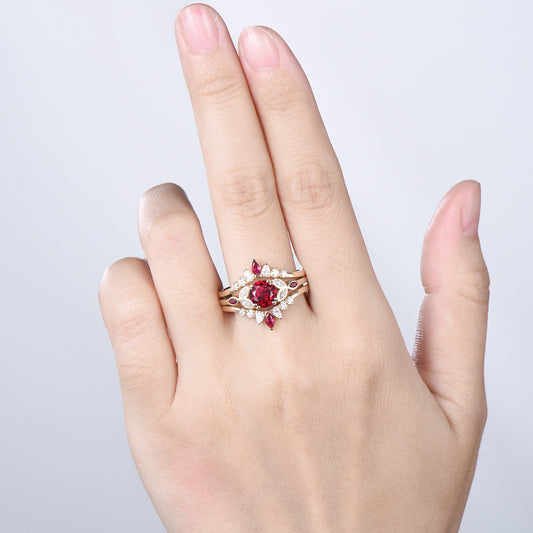 1CT Round Lab Ruby Engagement Ring Bezel Set Marquise Cut Enhancer Band Bridal Set