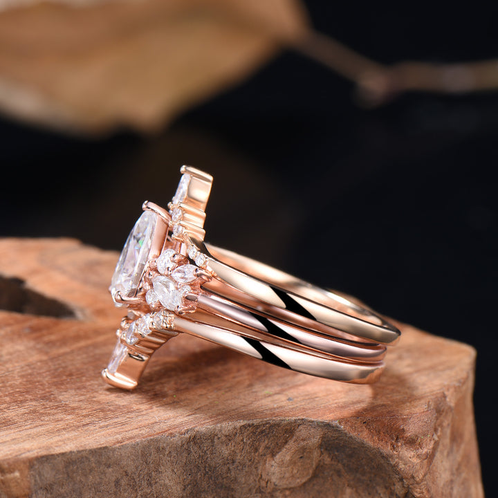 3pcs Moissanite Bridal Set 1.25CT Teardrop Shaped Moissanite Engagement Ring 14k Rose Gold Curved Wedding Band Anniversary Gifts For Women - PENFINE