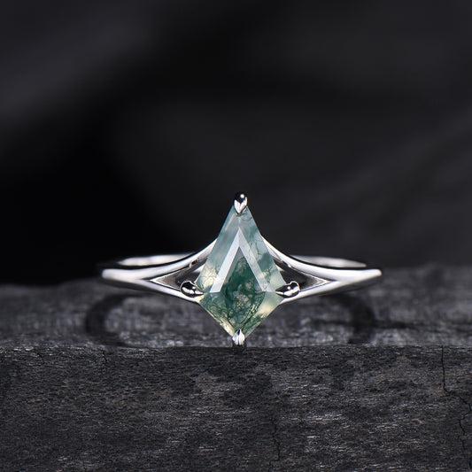 Kite Cut Moss Agate Engagement Ring | Split Shank Minimalist Promise Ring