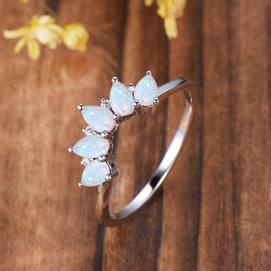 Vintage White Fire Opal Wedding Band, Curved Stacking Ring, 14K Rose Gold Five Stone