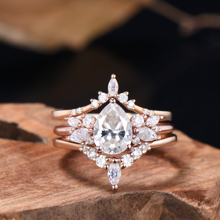 3pcs Moissanite Bridal Set 1.25CT Teardrop Shaped Moissanite Engagement Ring 14k Rose Gold Curved Wedding Band Anniversary Gifts For Women - PENFINE