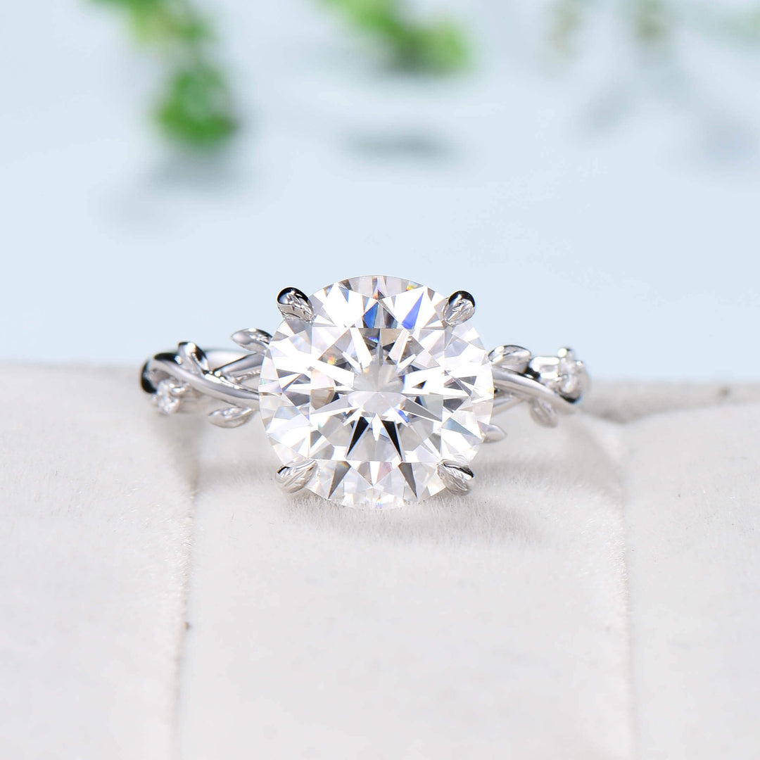 10mm Round Brilliant Moissanite ring Leaf Branch Big 4CT Moissanite Engagement Ring 18K White Gold Nature Inspired Unique Twig Wedding Ring - PENFINE