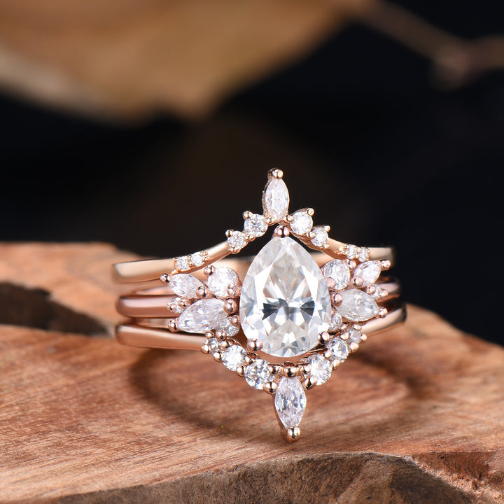 3pcs Moissanite Bridal Set 1.25CT Teardrop Shaped Moissanite Engagement Ring 14k Rose Gold Curved Wedding Band Anniversary Gifts For Women - PENFINE