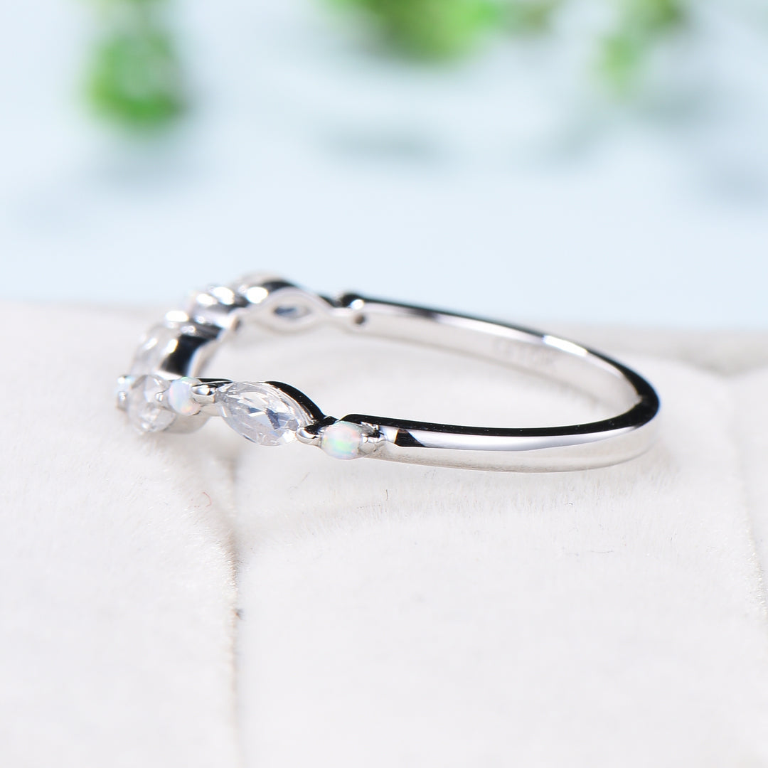 Vintage Curved Moonstone Opal Wedding Band Marquise Cut Crown wedding ring Unique Stacking matching ring Bridal ring Anniversary band - PENFINE