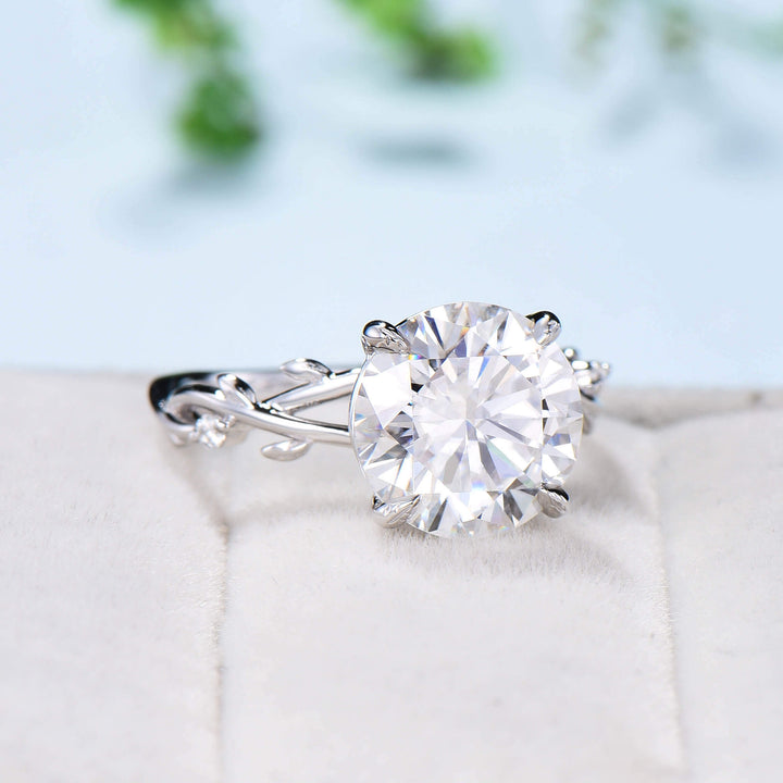 10mm Round Brilliant Moissanite ring Leaf Branch Big 4CT Moissanite Engagement Ring 18K White Gold Nature Inspired Unique Twig Wedding Ring - PENFINE