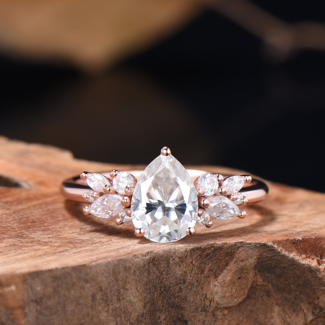 3pcs Moissanite Bridal Set 1.25CT Teardrop Shaped Moissanite Engagement Ring 14k Rose Gold Curved Wedding Band Anniversary Gifts For Women - PENFINE