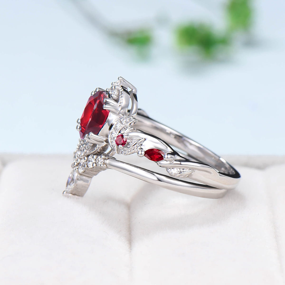 Vintage Red Ruby Engagement Ring Set Unique Leaves Nature Inspired Wedding Ring Rose Gold Art Deco Moissanite Bridal Ring Set for Women - PENFINE