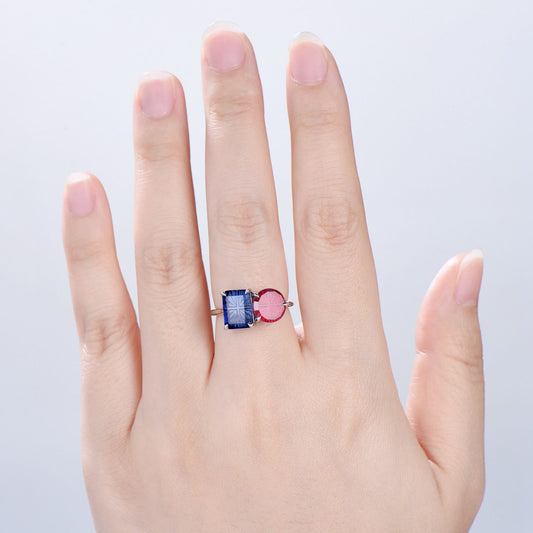 Starburst Cut Toi et Moi Engagement Ring Emerald Red Ruby and Round Blue Sapphire Promise Ring