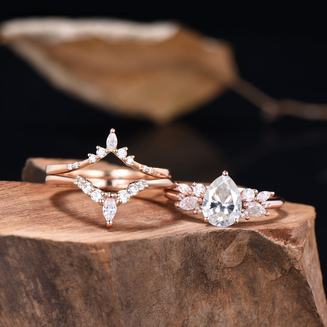 3pcs Moissanite Bridal Set 1.25CT Teardrop Shaped Moissanite Engagement Ring 14k Rose Gold Curved Wedding Band Anniversary Gifts For Women - PENFINE