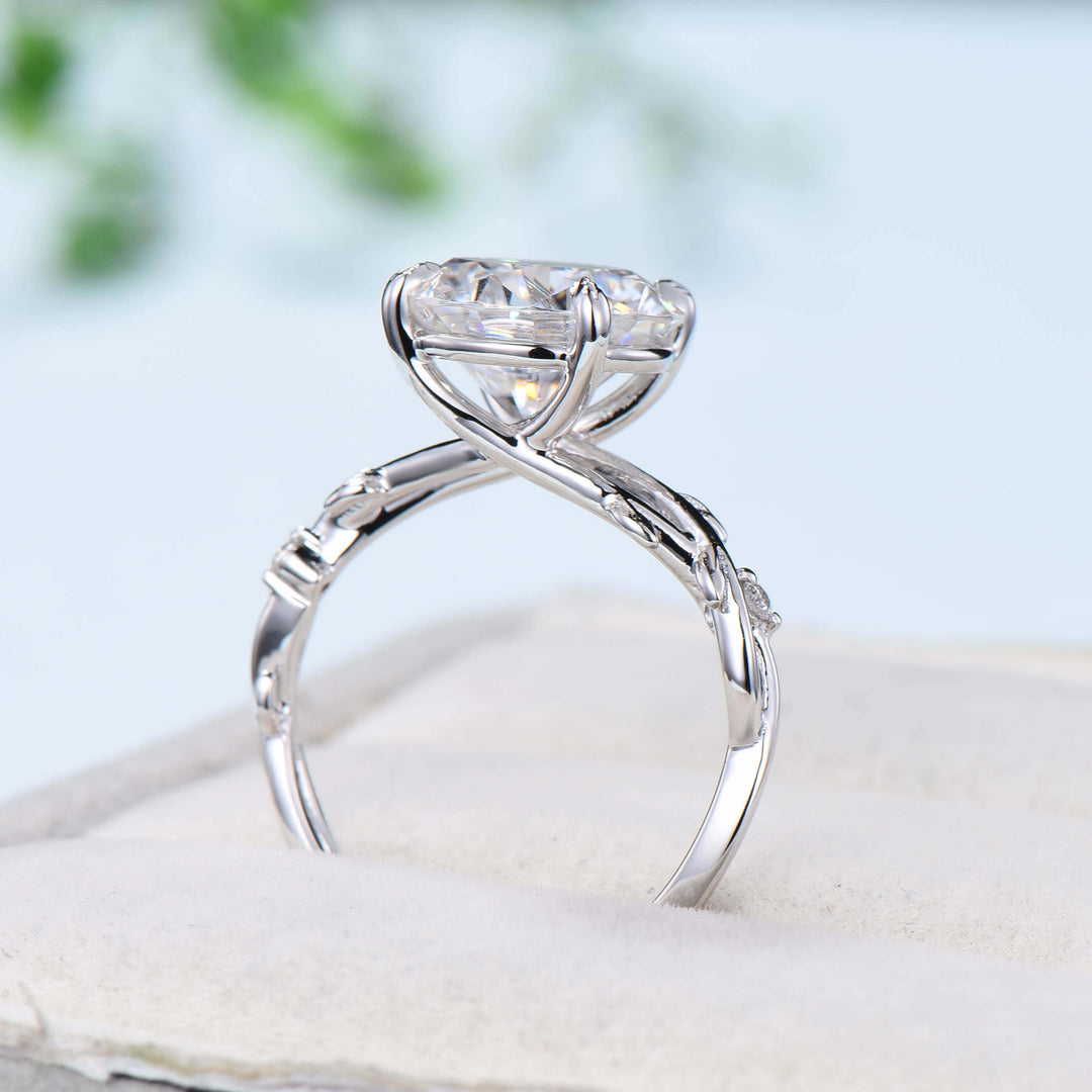 10mm Round Brilliant Moissanite ring Leaf Branch Big 4CT Moissanite Engagement Ring 18K White Gold Nature Inspired Unique Twig Wedding Ring - PENFINE