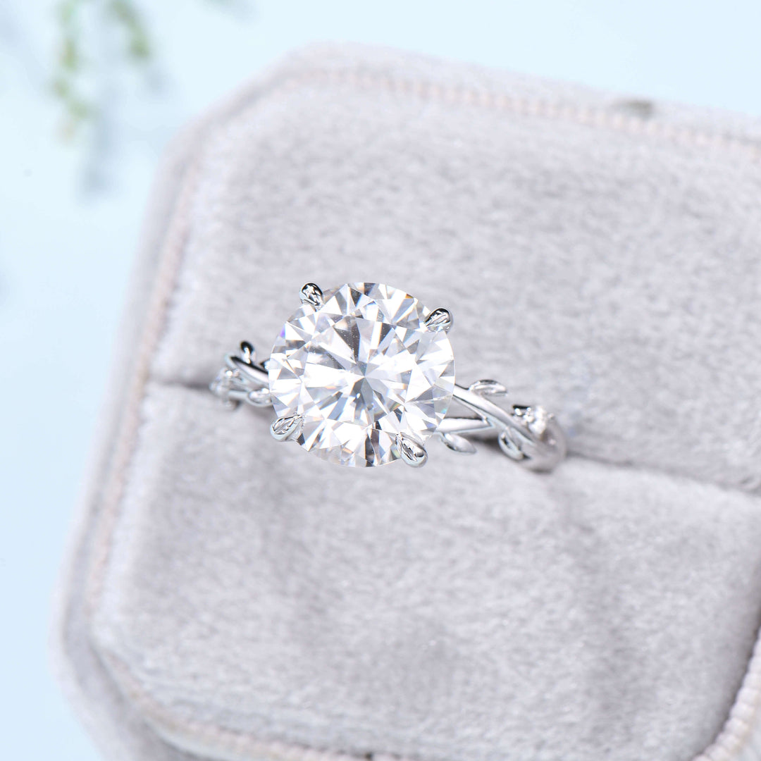 10mm Round Brilliant Moissanite ring Leaf Branch Big 4CT Moissanite Engagement Ring 18K White Gold Nature Inspired Unique Twig Wedding Ring - PENFINE