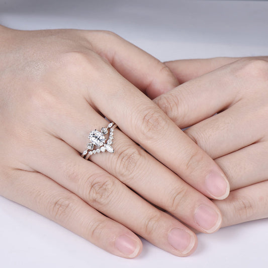 Oval Cut Moissanite Moon 5 Stone Engagement Ring Diamond White Gold Ring Set