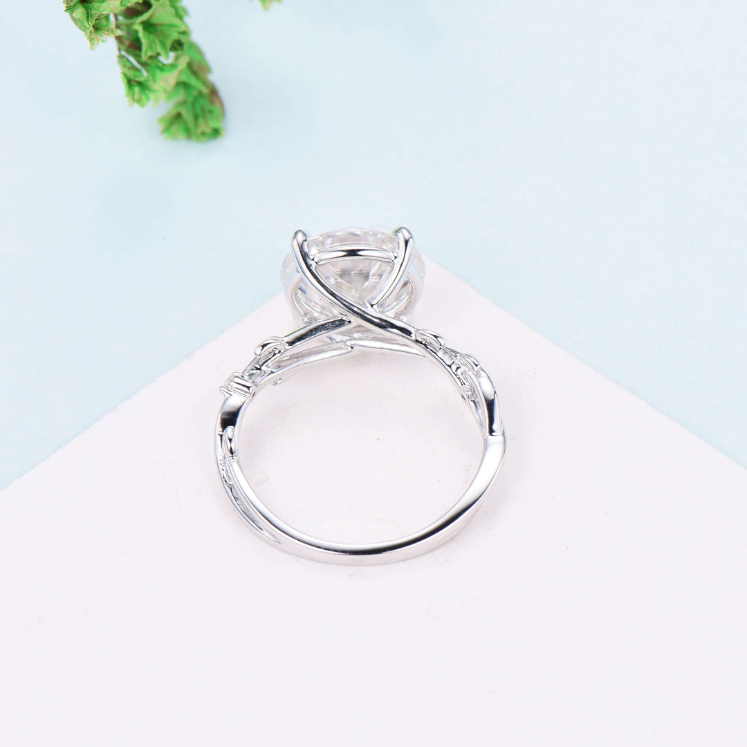 10mm Round Brilliant Moissanite ring Leaf Branch Big 4CT Moissanite Engagement Ring 18K White Gold Nature Inspired Unique Twig Wedding Ring - PENFINE