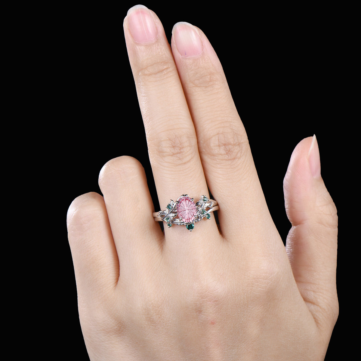 1.5CT Fantasy Cut Padparadscha Sapphire Leaf Bridal Set Emerald Nature Inspired Ring
