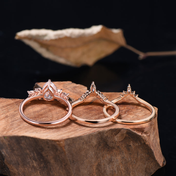 3pcs Moissanite Bridal Set 1.25CT Teardrop Shaped Moissanite Engagement Ring 14k Rose Gold Curved Wedding Band Anniversary Gifts For Women - PENFINE