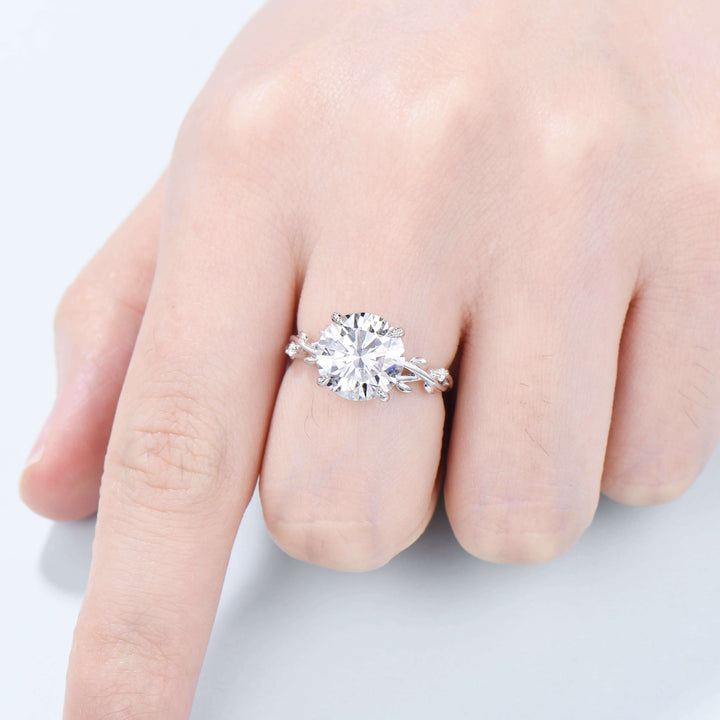 10mm Round Brilliant Moissanite ring Leaf Branch Big 4CT Moissanite Engagement Ring 18K White Gold Nature Inspired Unique Twig Wedding Ring - PENFINE