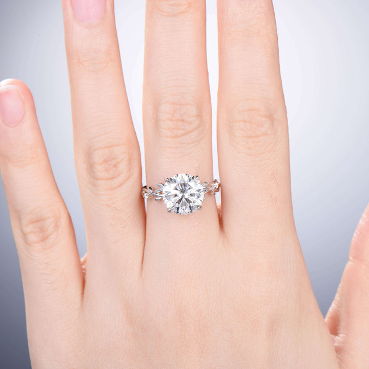 10mm Round Brilliant Moissanite ring Leaf Branch Big 4CT Moissanite Engagement Ring 18K White Gold Nature Inspired Unique Twig Wedding Ring - PENFINE