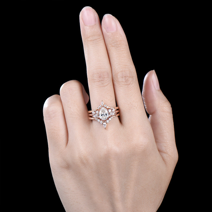 3pcs Moissanite Bridal Set 1.25CT Teardrop Shaped Moissanite Engagement Ring 14k Rose Gold Curved Wedding Band Anniversary Gifts For Women - PENFINE