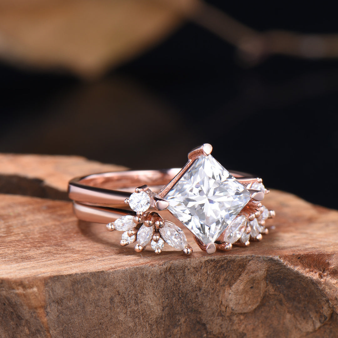 2CT Princess Shaped Moissanite Three Stone Engagement Ring Diamond Cluster Open Gaps Stacking Band Rose Gold Wedding Bridal Set Women Gifts - PENFINE