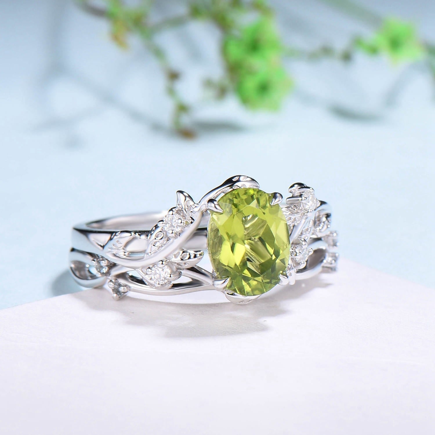 Vintage peridot sapphire wedding ring set Leaf twig engagement ring set