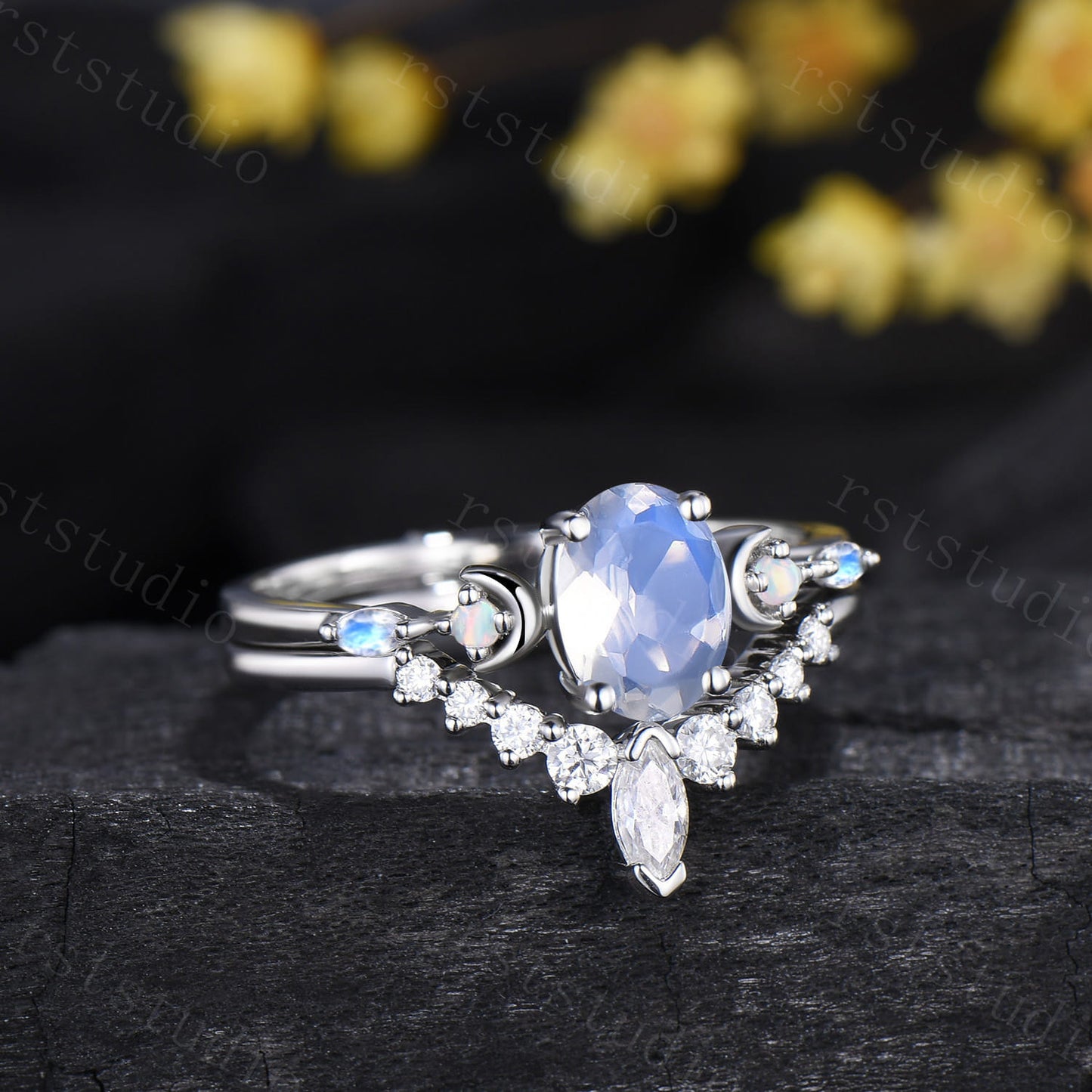 Vintage 1.5CT Oval Moonstone Engagement Ring Set Marquise Moonstone Opal Moon Wedding Ring Set Art Deco Stacking Anniversary Ring For Women