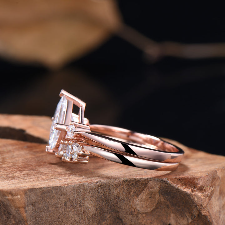 2CT Princess Shaped Moissanite Three Stone Engagement Ring Diamond Cluster Open Gaps Stacking Band Rose Gold Wedding Bridal Set Women Gifts - PENFINE