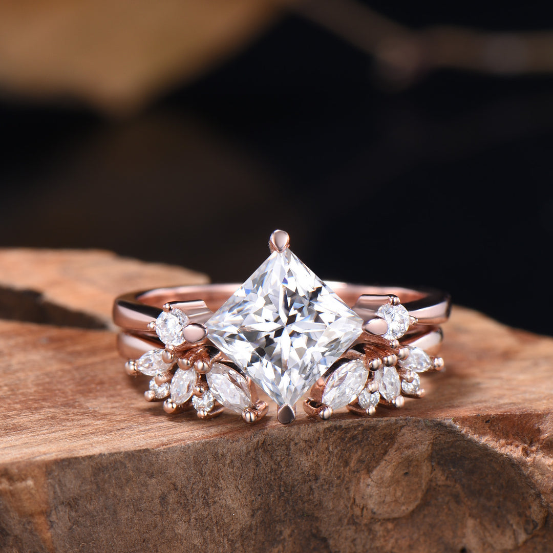 2CT Princess Shaped Moissanite Three Stone Engagement Ring Diamond Cluster Open Gaps Stacking Band Rose Gold Wedding Bridal Set Women Gifts - PENFINE