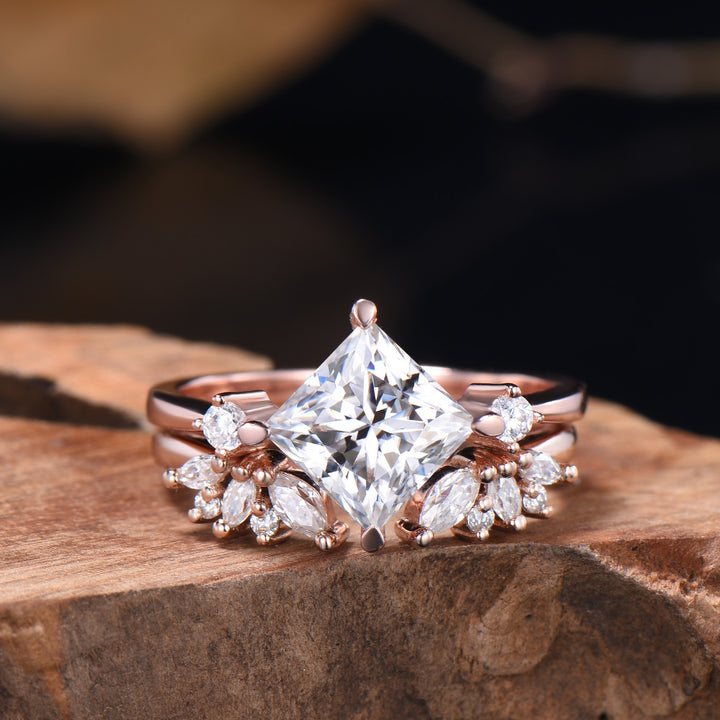 2CT Princess Shaped Moissanite Three Stone Engagement Ring Diamond Cluster Open Gaps Stacking Band Rose Gold Wedding Bridal Set Women Gifts - PENFINE