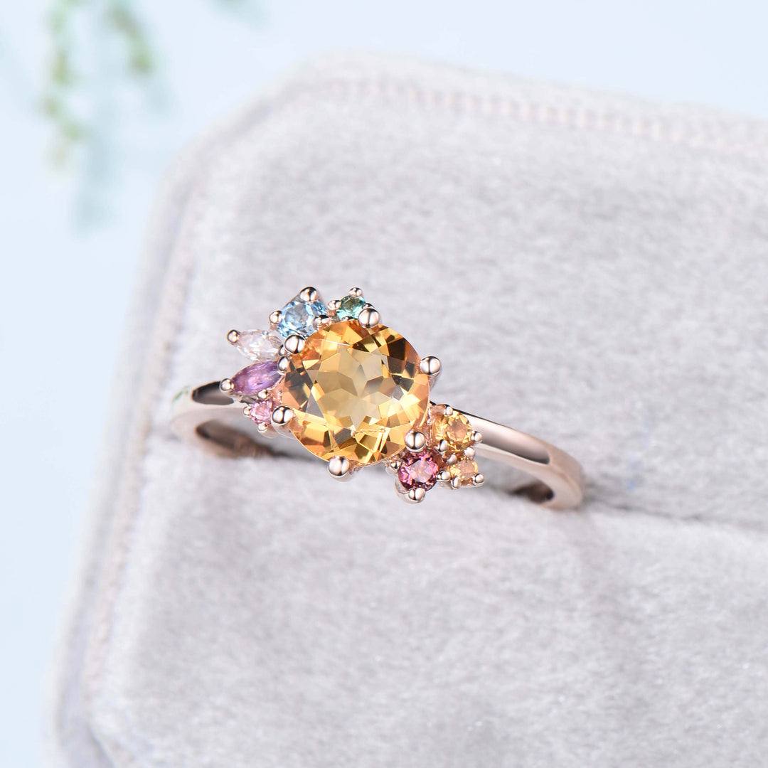 Unique Rainbow Engagement Ring Vintage Citrine Engagement Ring Gold Cluster Natural Crystal Wedding Ring For Women art deco Anniversary Gift - PENFINE