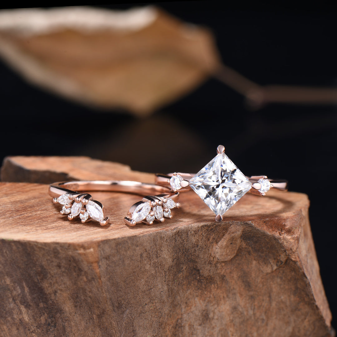 2CT Princess Shaped Moissanite Three Stone Engagement Ring Diamond Cluster Open Gaps Stacking Band Rose Gold Wedding Bridal Set Women Gifts - PENFINE