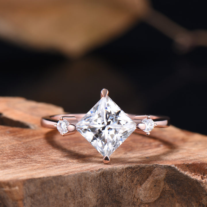 2CT Princess Shaped Moissanite Three Stone Engagement Ring Diamond Cluster Open Gaps Stacking Band Rose Gold Wedding Bridal Set Women Gifts - PENFINE