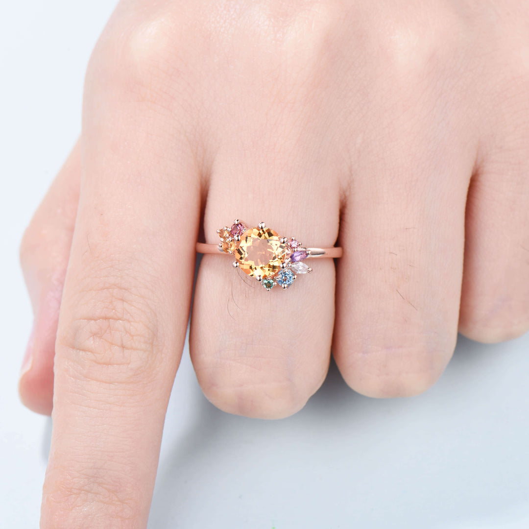 Unique Rainbow Engagement Ring Vintage Citrine Engagement Ring Gold Cluster Natural Crystal Wedding Ring For Women art deco Anniversary Gift - PENFINE