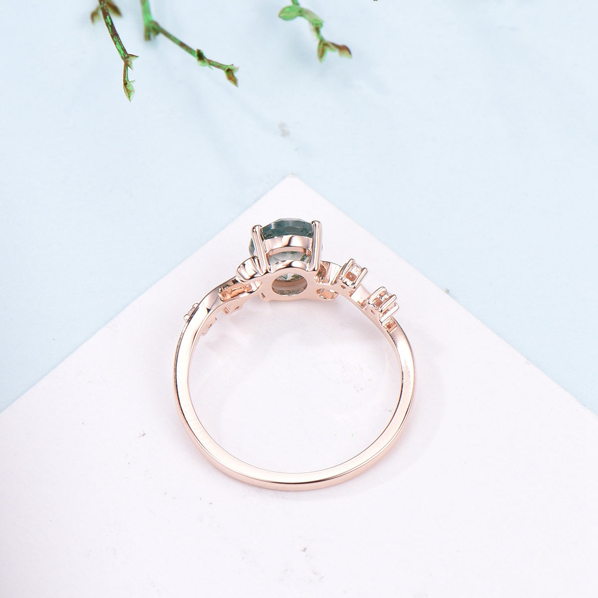 1.5CT Oval Natural Moss Agate Twist Engagement Ring Art Deco Silver Rose Gold Wedding Ring Garden Jewelry Mom's birthstone anniversary gift - PENFINE
