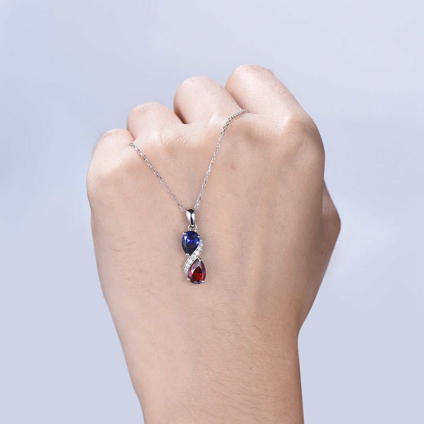 Sapphire Garnet Snake Pendant Necklace, Moissanite Diamond Accent, 14K White Gold - PENFINE