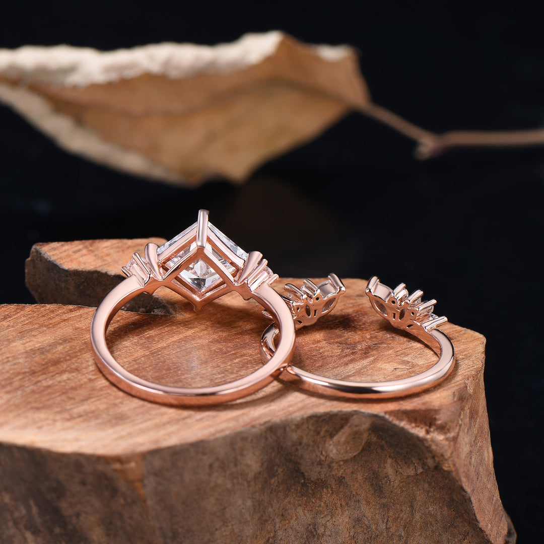 2CT Princess Shaped Moissanite Three Stone Engagement Ring Diamond Cluster Open Gaps Stacking Band Rose Gold Wedding Bridal Set Women Gifts - PENFINE