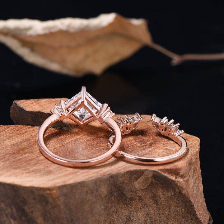 2CT Princess Shaped Moissanite Three Stone Engagement Ring Diamond Cluster Open Gaps Stacking Band Rose Gold Wedding Bridal Set Women Gifts - PENFINE