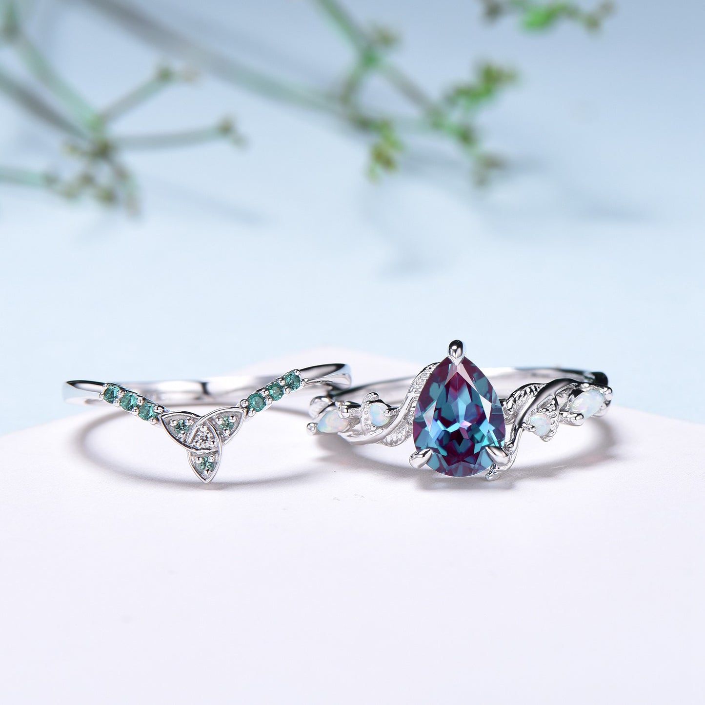 Unique Alexandrite Engagement Ring Set Infinity Opal Emerald Celtic Norse Viking Bridal Ring Set Art Deco Color Change Anniversary Ring - PENFINE