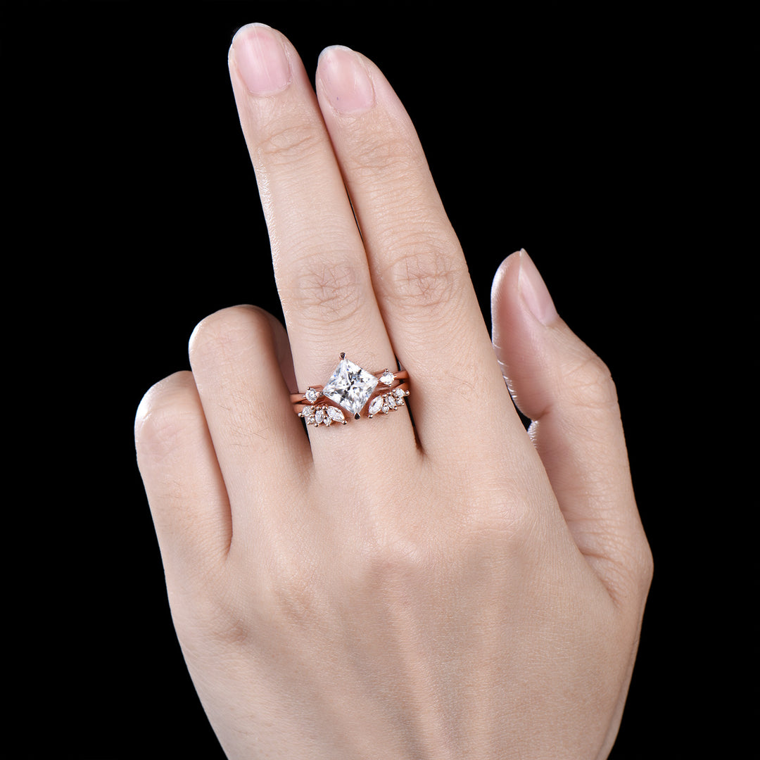 2CT Princess Shaped Moissanite Three Stone Engagement Ring Diamond Cluster Open Gaps Stacking Band Rose Gold Wedding Bridal Set Women Gifts - PENFINE