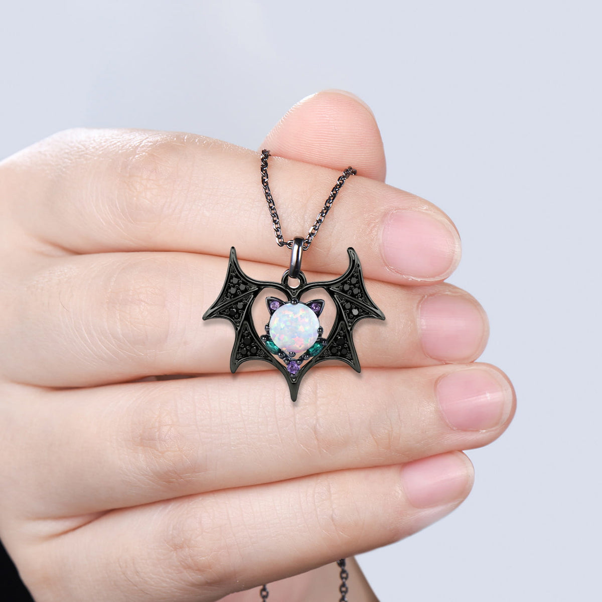 Unique Cat & Bat Pendant Necklace Devil Black Spinel Wing Pendant