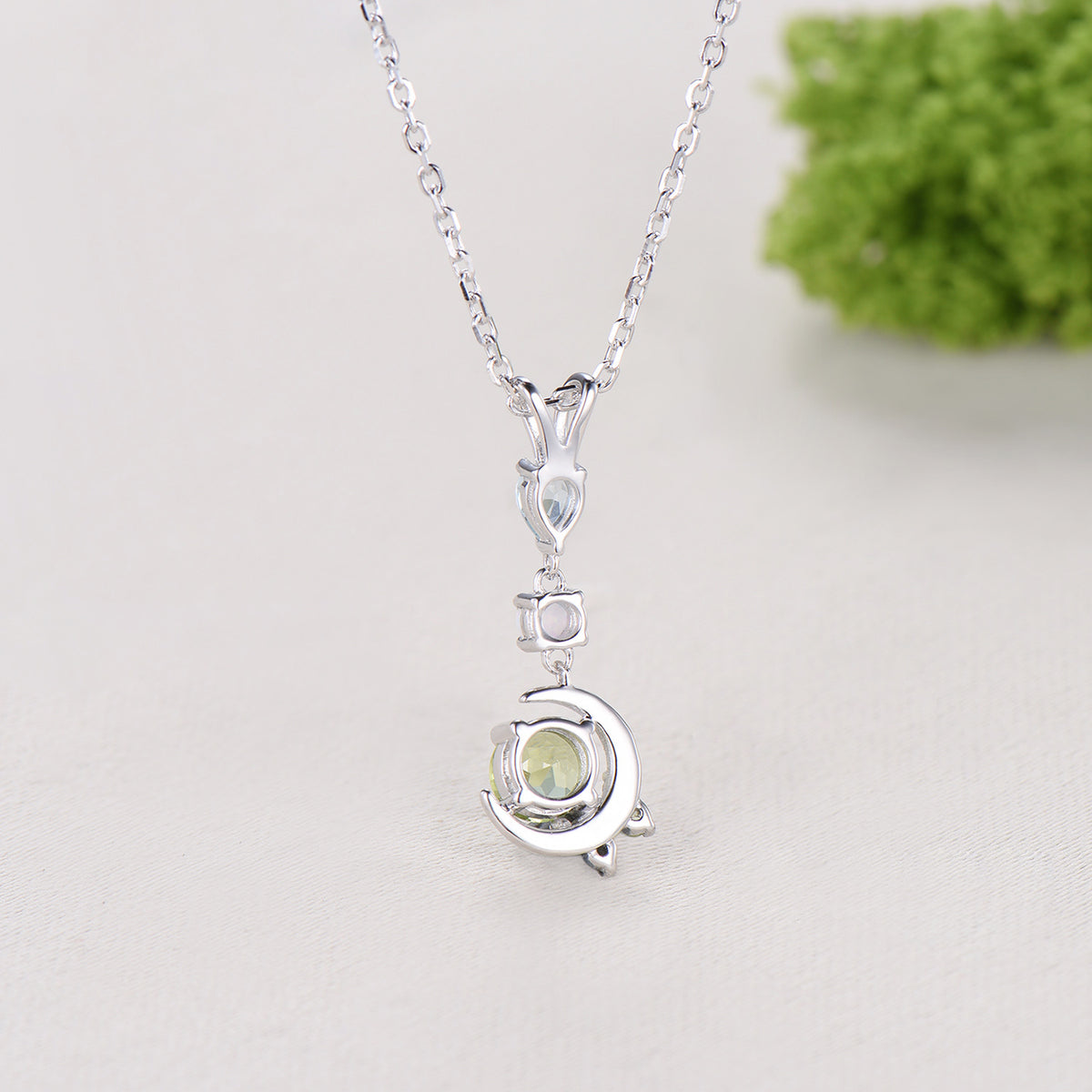 Dainty Peridot Moon Pendant, White Gold Necklace, Opal Aquamarine Branch Necklace