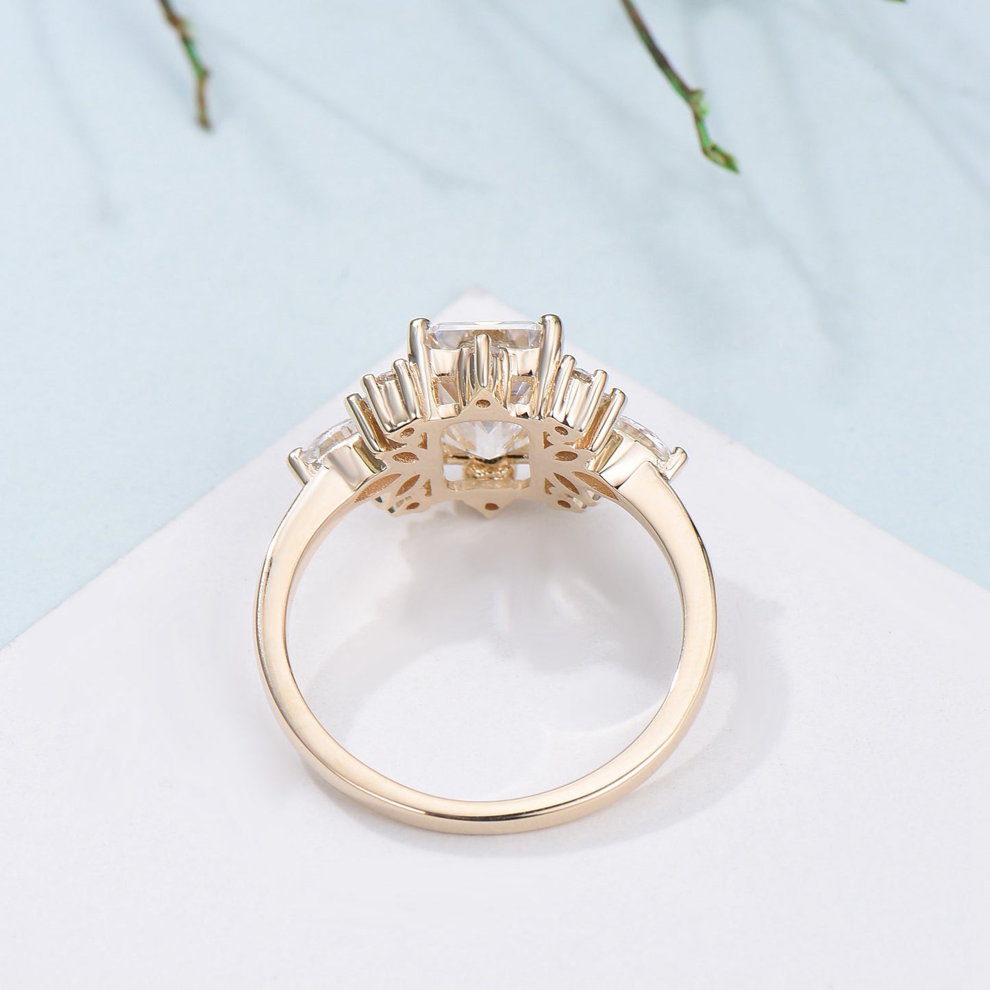 Custom Halo Emerald Cut Moissanite Engagement Ring 14K Yellow Gold Cluster Marquise Moissanite Wedding Ring Unique Anniversary Promise Gift - PENFINE