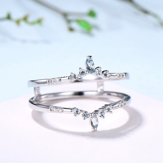Aquamarine Curved Wedding Band Enhancer, White Gold Nesting Ring Jacket - PENFINE