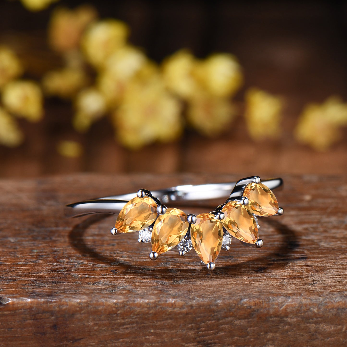 Vintage Yellow Citrine Wedding Ring, Five Stone Curved Stacking Band, 14K Rose Gold Anniversary Gift Women November Birthday Gift for Mom