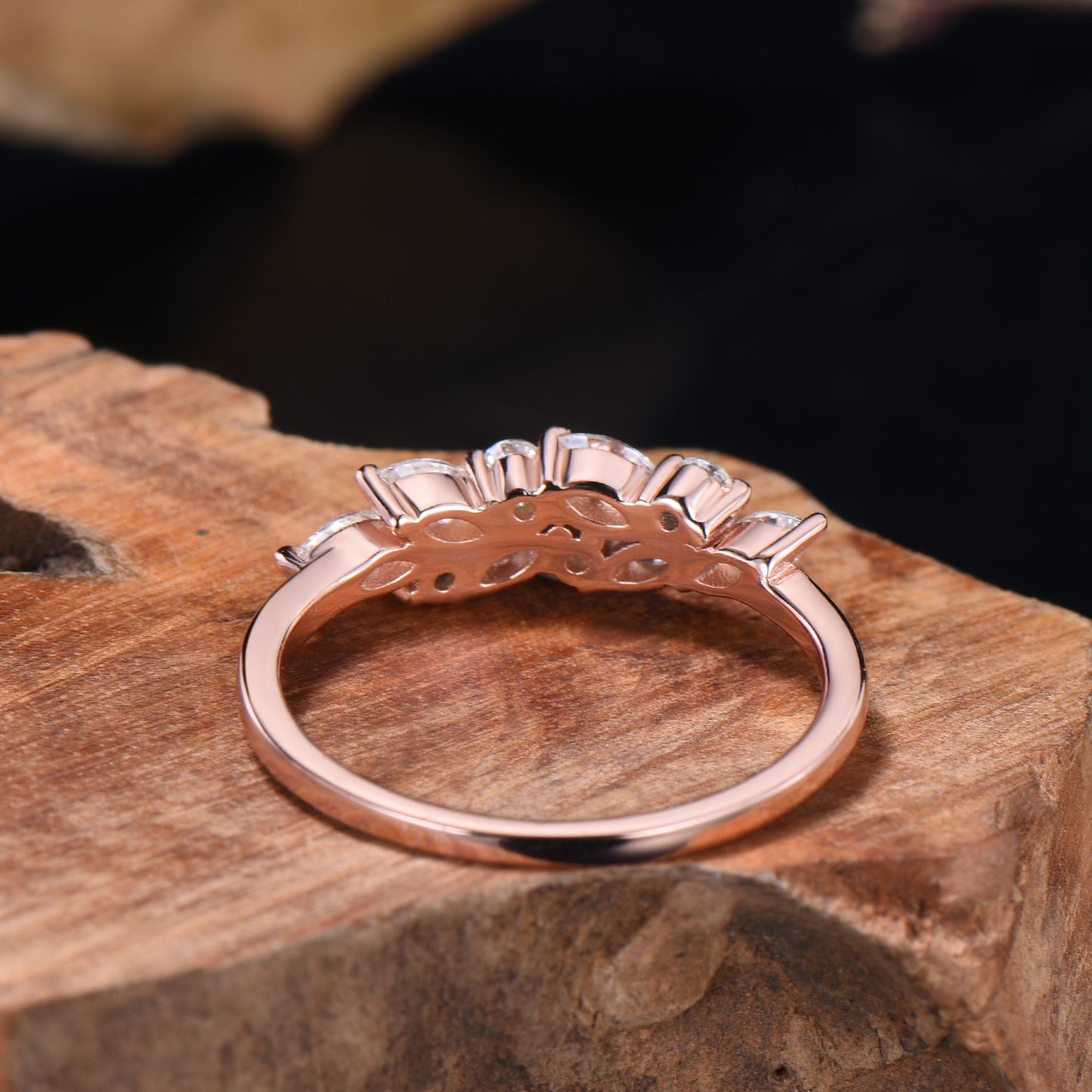 Vintage Moissanite Wedding Ring Art Deco 14k Solid Rose Gold Marquise Cut Moissanite Wedding Band Cluster Promise Ring - PENFINE